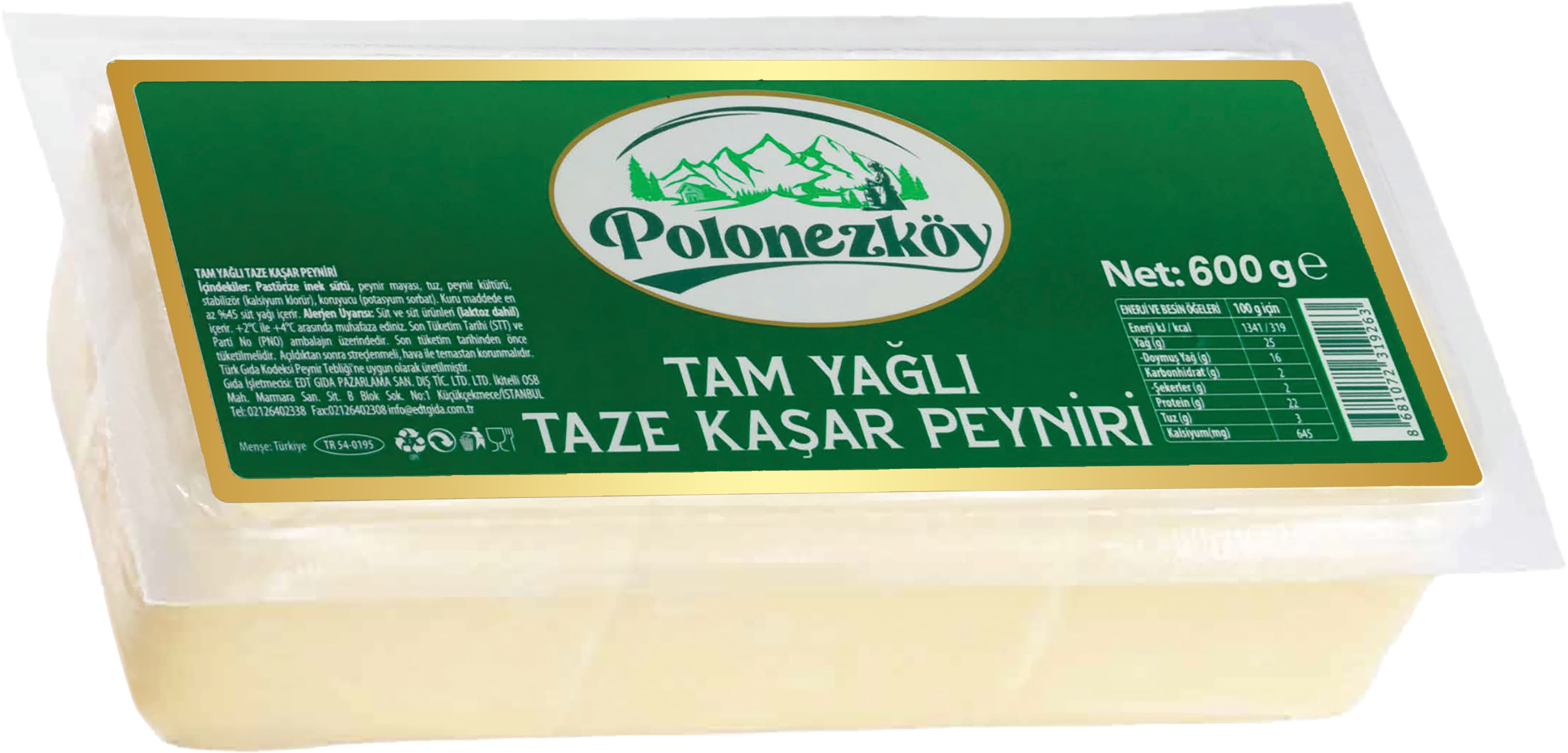 TAM YAĞLI TAZE KAŞAR PEYNİRİ 600 G